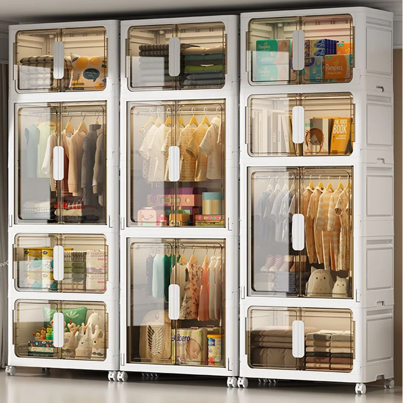 Transparent Cabinets Storage Children Foldable Wardrobes Organizer Mobile Closet Clothes Containers Cupboard Bin Furniture