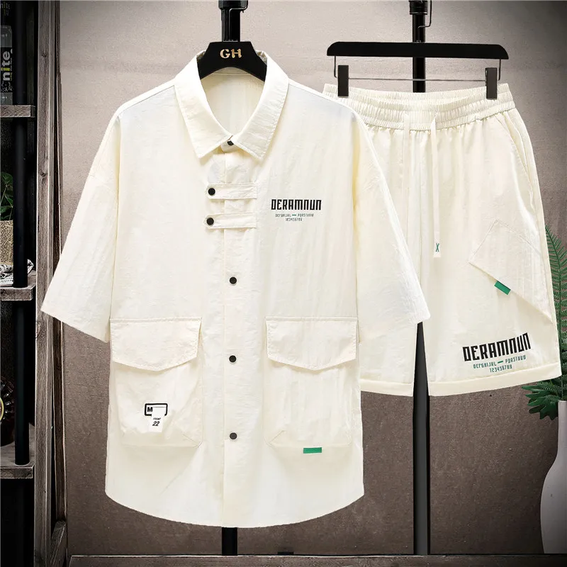 2024 neue Sommer Männer setzt lässige Revers kurze Hemden Shorts zweiteilige lässige solide Kurzarm 2 Stück lose Mode Streetwear