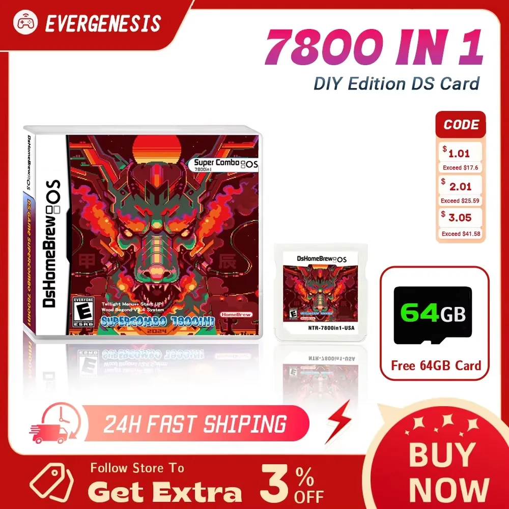 DS 7800 in 1 Flashcard SDHC-Adapter Speicherkarte für NDS NDSL 3DS XL 2DS XL Videospielkonsole mit 64G TF-Karte DS-Zubehör