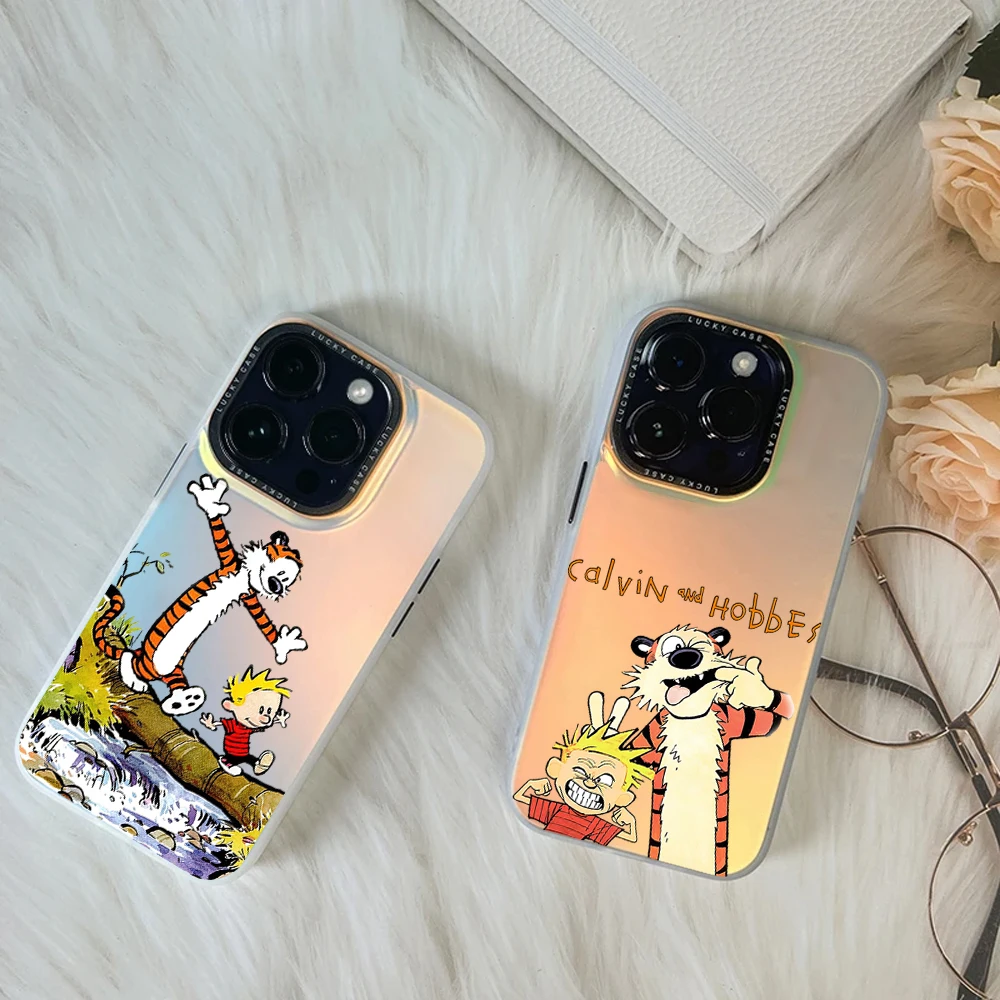 C-Calvin and H-Hobbes For iPhone 16 15 14 13 12 11 Pro MAX Plus IMD Chameleon Laser Phone Case