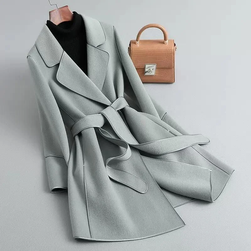 2023 New Autumn Winter High-End Woolen Jacket Women Solid Slim Belt Mid Long Cashmere Coat Elegant Ladies Wool Coat Outerwear