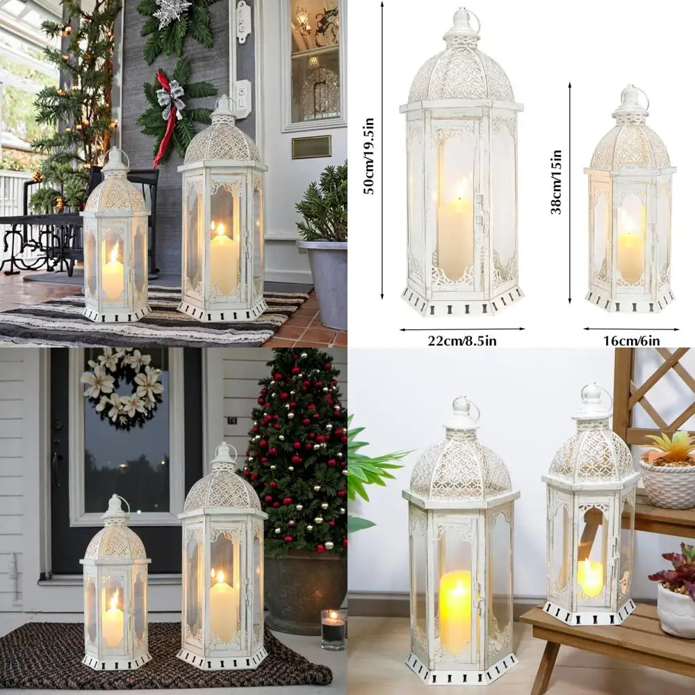 

Пара винтажных металлических фонарей для свечей, высотой 22 и 17 дюймов, белые с золотистым напылением, подходят для использования на улице, в помещении, в саду и на свадьбах.