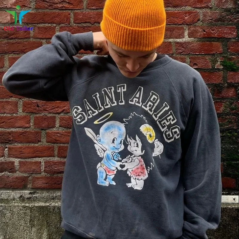 

Blue High Quality SAINT Angel Baby Cracked Pattern Printed Vintage Aged Vandalized Loose Loose Crew Neck Sweatshirt