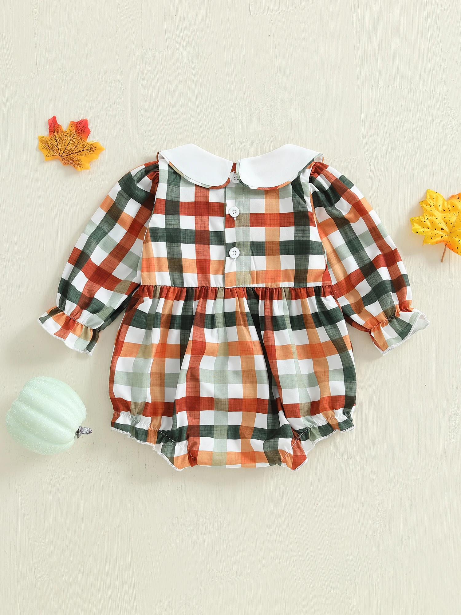 Baby Mädchen Strampler Langarm Puppenkragen Plaid Stickerei Buchstaben Türkei Body Thanksgiving Kleidung – Detail 5