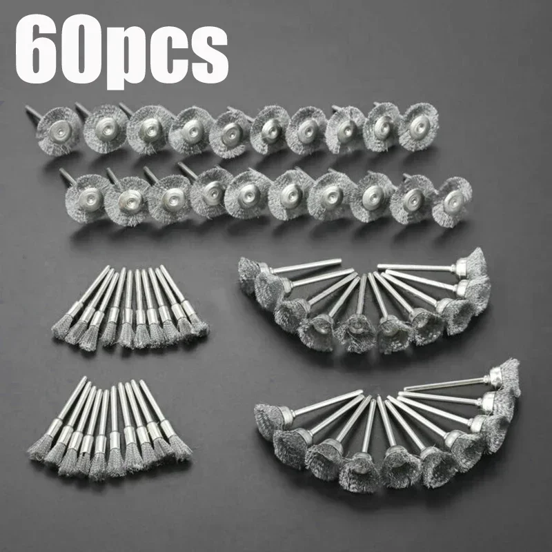 60Pcs 3mm Shank Steel Wire Wheel Brushes for Metal Rust Removal Polishing Brush Steel Rotary Brush for Drill Rotary Tool