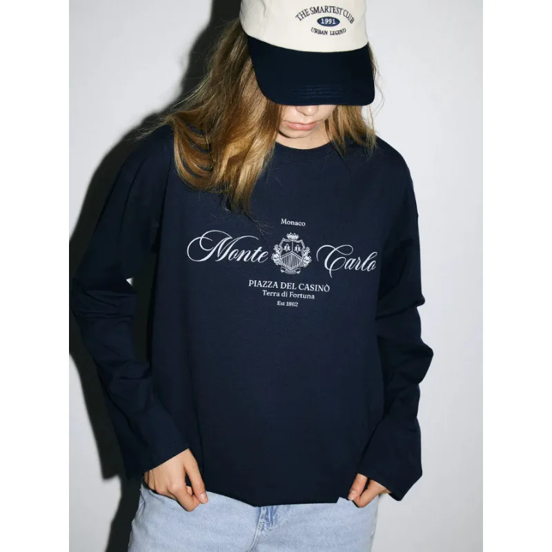European Luxury College Navy Oversized Long Sleeve Tee Monte Carlo Monaco Print Soft Cotton Loose Women Casual Street T Shirt