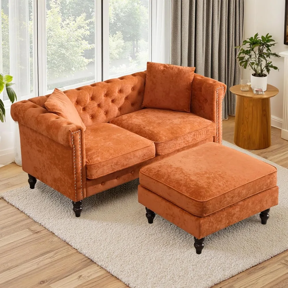 

62" Chesterfield Tufted Velvet Sofa Couch with Gourd Wooden Legs, Classic Loveseat Sofa Couch with Nailhead Trim and Flared Arms