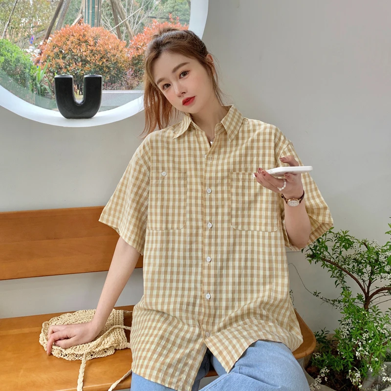 Plaid Shirts Women Pockets Cute Chic All-match Comfortable Baggy Summer Youthful Fashion Vintage Japanese Style Schoolgirls New