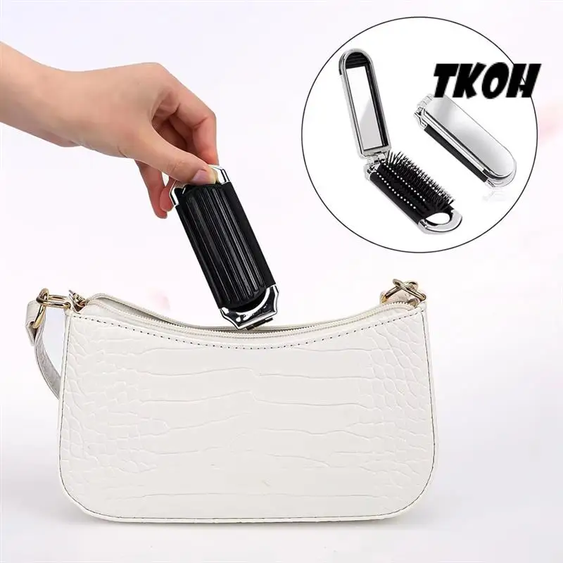 TKOH-2-en-1 Peine y espejo plegables portátiles: cojín de aire de diamante, adorno de diamantes de imitación, cepillo de pelo de viaje compacto y herramienta de maquillaje