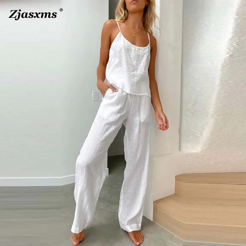 Summer Pajamas Set Women Sexy Home Clothes Sleepwear Tank Top Suit With Long Pants Spring Solid Soft Cotton Linen Female Outfits