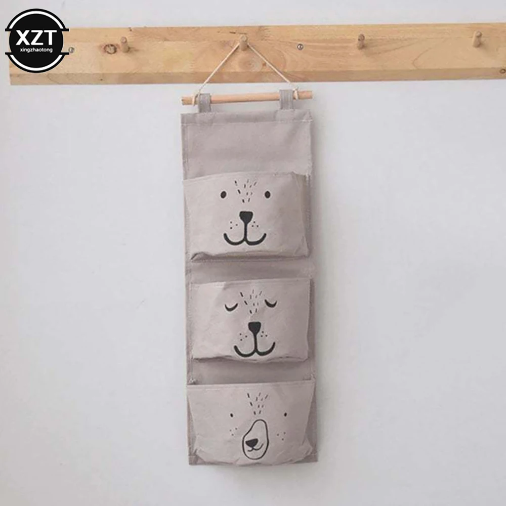 3 Pockets Wall Mounted Cotton Storage Bag Closet Cute Organizer Clothes Waterproof Sundries Bags Children Room Pouch Home Deco