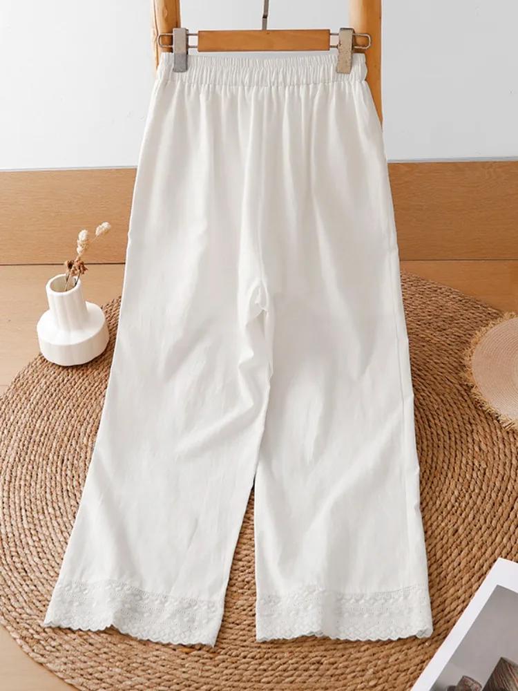 White Embroidered Lace Trim Linen Wide Leg Pants Women Summer Thin Loose Drapey Nine Points Lazy Casual Trousers