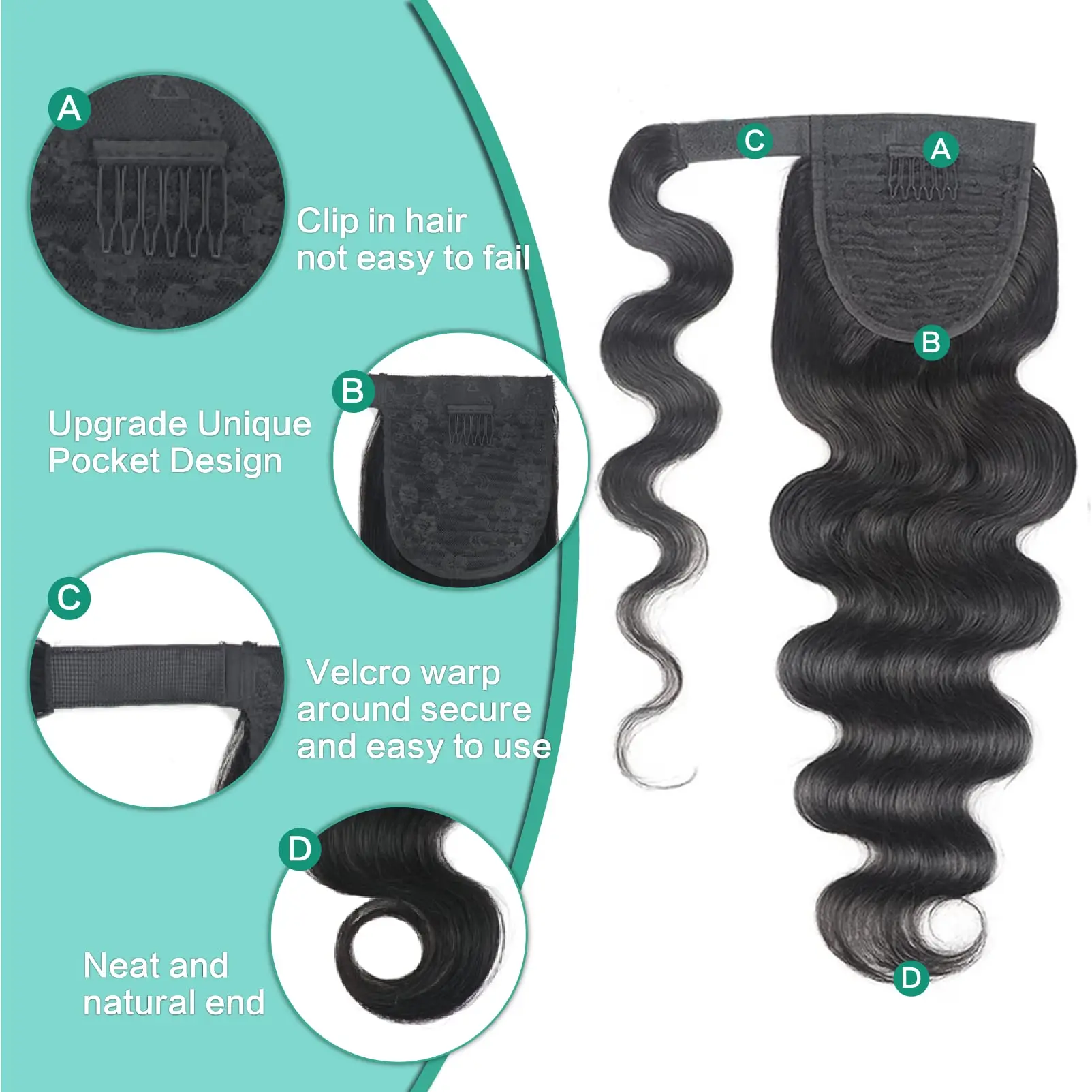 100% 인모 바디 웨이브 포니테일, 매직 페이스트로 감싸는 100% 브라질산 버진 인모 포니테일 (흑인 여성용) # 1B