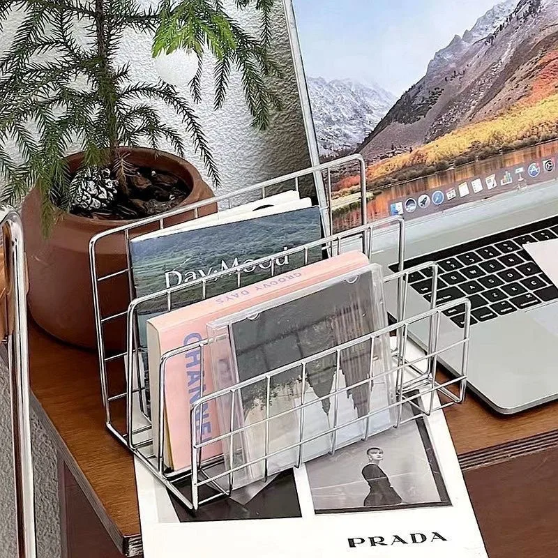 Durable Modern Silvery Bookshelf Storage Stylish Metal with Storage Basket Magazine and Newspaper Organizer,Home Storage Rack
