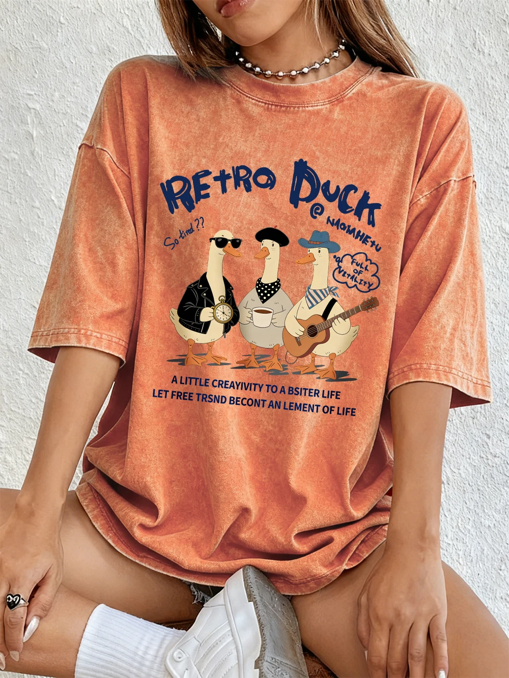 Retro Duck So Tired Cotton Washed T-Shirts Womens Summer Street Oversized Tops Comfortable Distressed O-Neck Tees Basic Clothes