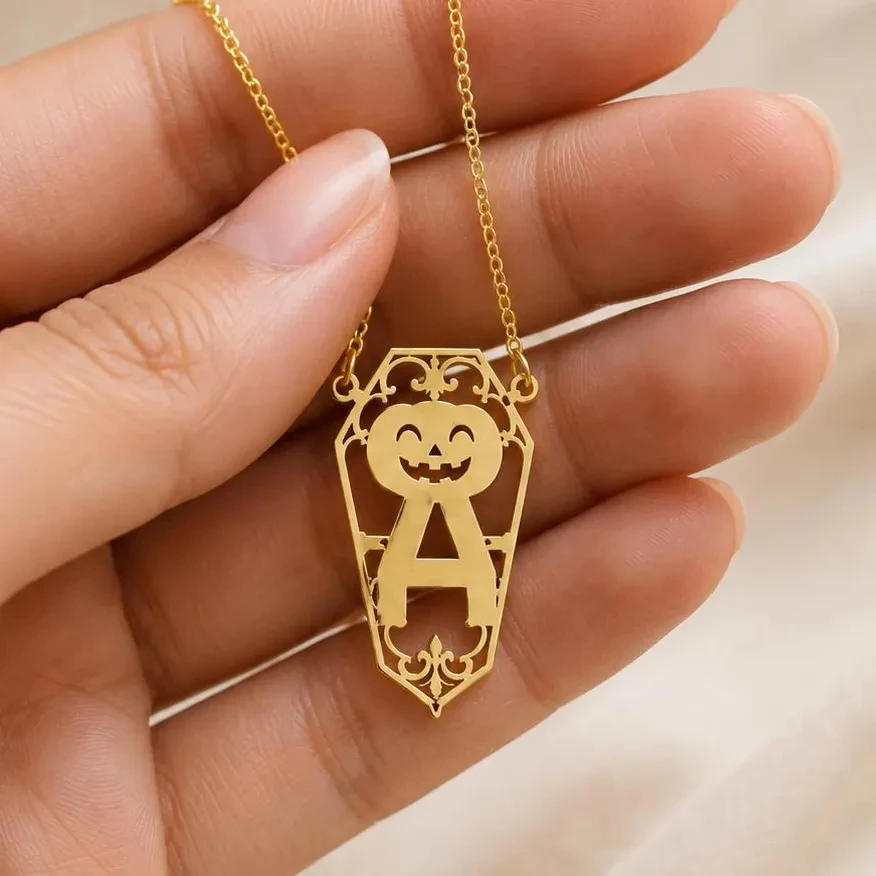 Custom Initial Necklace Personalized Pumpkin Name Choker Bespoke Coffin Halloween Necklaces For Women Stainless Steel Jewelry