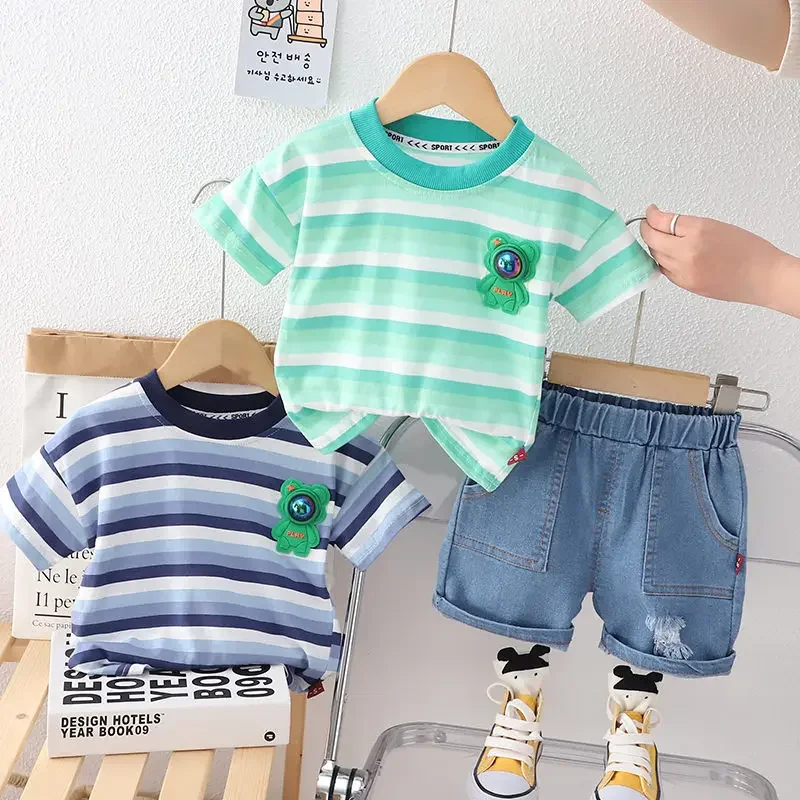 

New Baby Boys Summer Clothes Cotton Strips Bear Sports Suit Infant T Shirt Shorts Children Clothing Tracksuits Set 0-5 Years