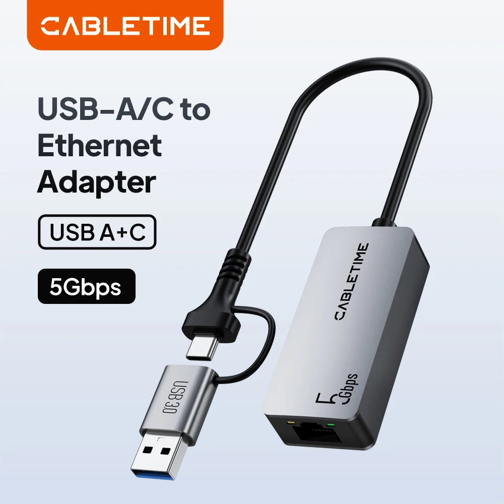 CABLETIME 5Gbps USB C Ethernet Adapter RJ45 LAN Port Aluminum Shell Network Card for Laptop MacBook USB A Ethernet Adapter