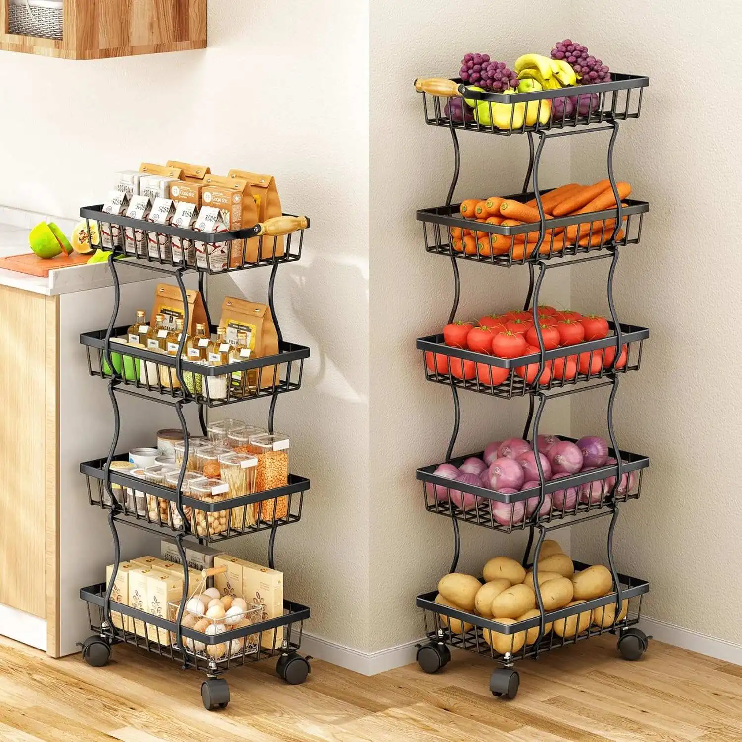 4-Tier Stackable Metal Wire Basket Organizer Rolling Utility Cart with Wheels Rustproof Kitchen Storage Rack Mobile Trolley for Fruit Vegetable Produce Snack Bathroom Bedroom Pantry Organization Black