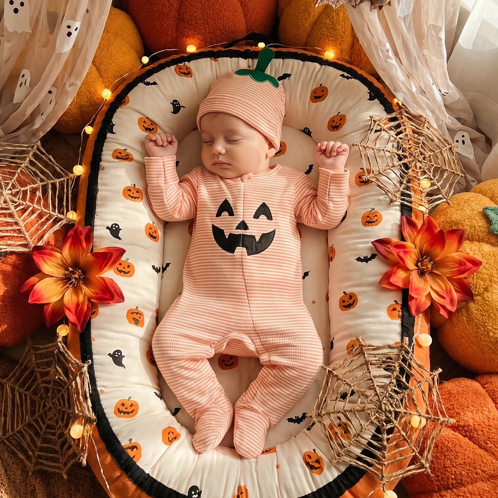 2026 Autumn Baby Boy Halloween Footed Romper Fashion Pumpkin Applique Long Sleeve Striped Jumpsuits with Hat Footies