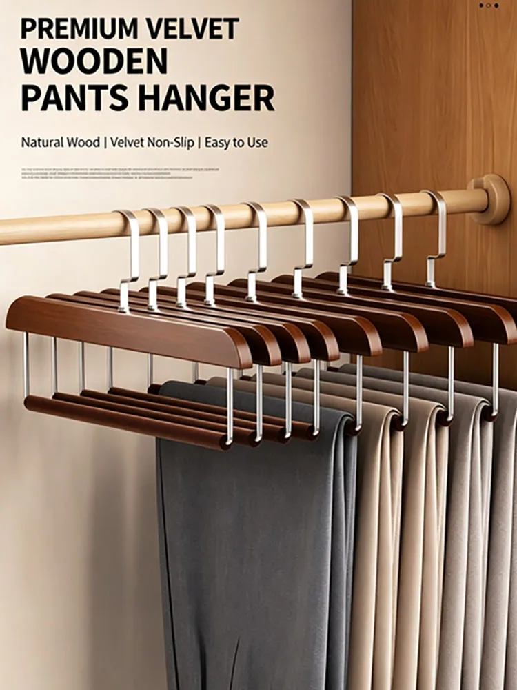 5/10PC,Solid Wooden Hanger for Pants Closet Organizer Trouser Rack,35CM Velvet Pants Hanger Wardrobe Space-saving