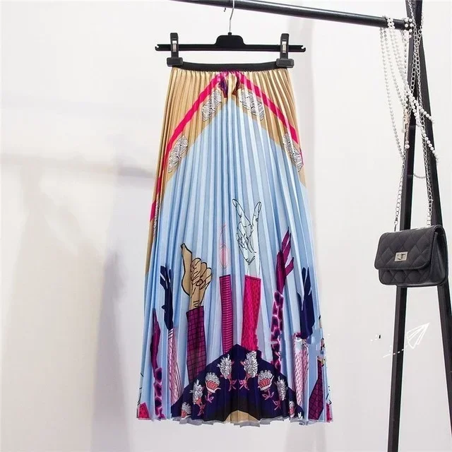 Graffiti Elastic Waist Pleated Skirt, New Summer Printed A-line Skirt Half Skirt