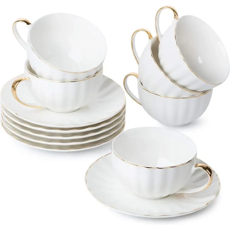 Tea Cups and Saucers, Set of 6 (7 oz) with Gold Trim and Gift Box, Cappuccino Cups, Coffee Cups, White Tea Cup Set