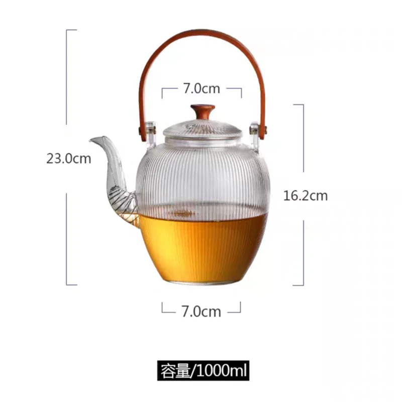 Japanese Vertical Striped Glass Teapot With Filter 1000ml Boiling Flower Tea Kettle Kungfu Bamboo Handle Lifting Beam Tea Pot