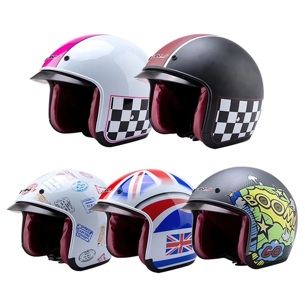 HNJ Motorcycle Helmet Four Season Universal Retro Off-road Motorcycle Helmet Safe Half Helmet Checkerboard Fashion Graffiti