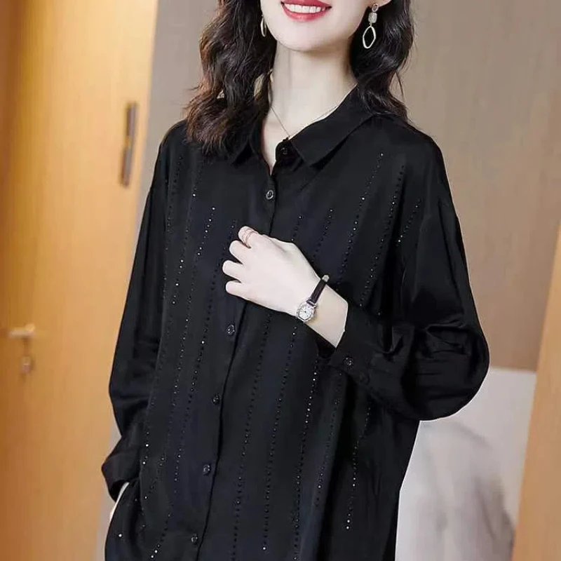 Spring Autumn Fashion Elegance Solid Chiffon Blouses Women's Clothing Diamonds Single Breasted POLO Collar Long Sleeve Shirts