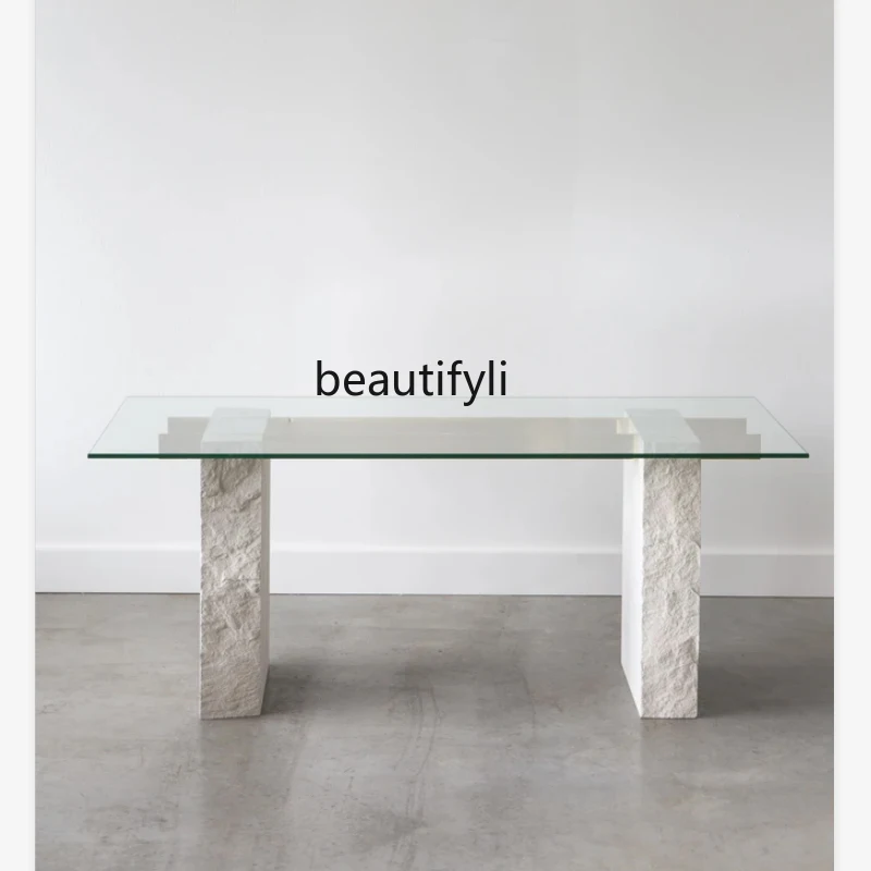 Light luxury tempered glass dining table personality creative destruction style marble meeting room reception long table