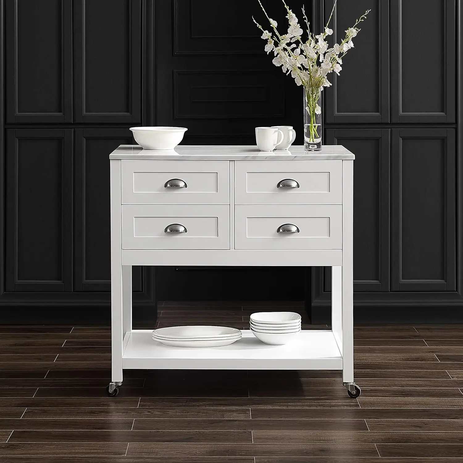 Crosley Furniture Connell Kitchen Cart with Faux Marble Top, White