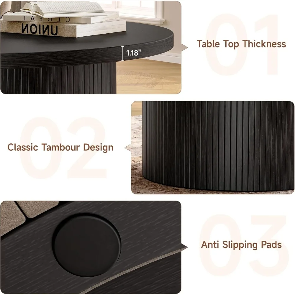 Coffee Table, Tambour Design Coffee Tables for Living Room, Mid Century Modern Wood Coffee Table, Drum Accent Small Center Table