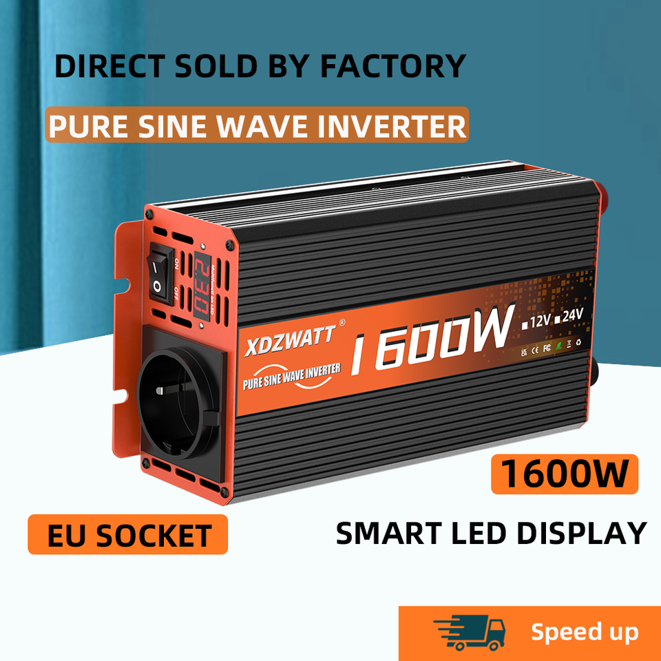  Pure Sine Wave Inverter DC 12V to AC 220V 60HZ EU socket 1600W LED Voltmeter Converter Transformer 