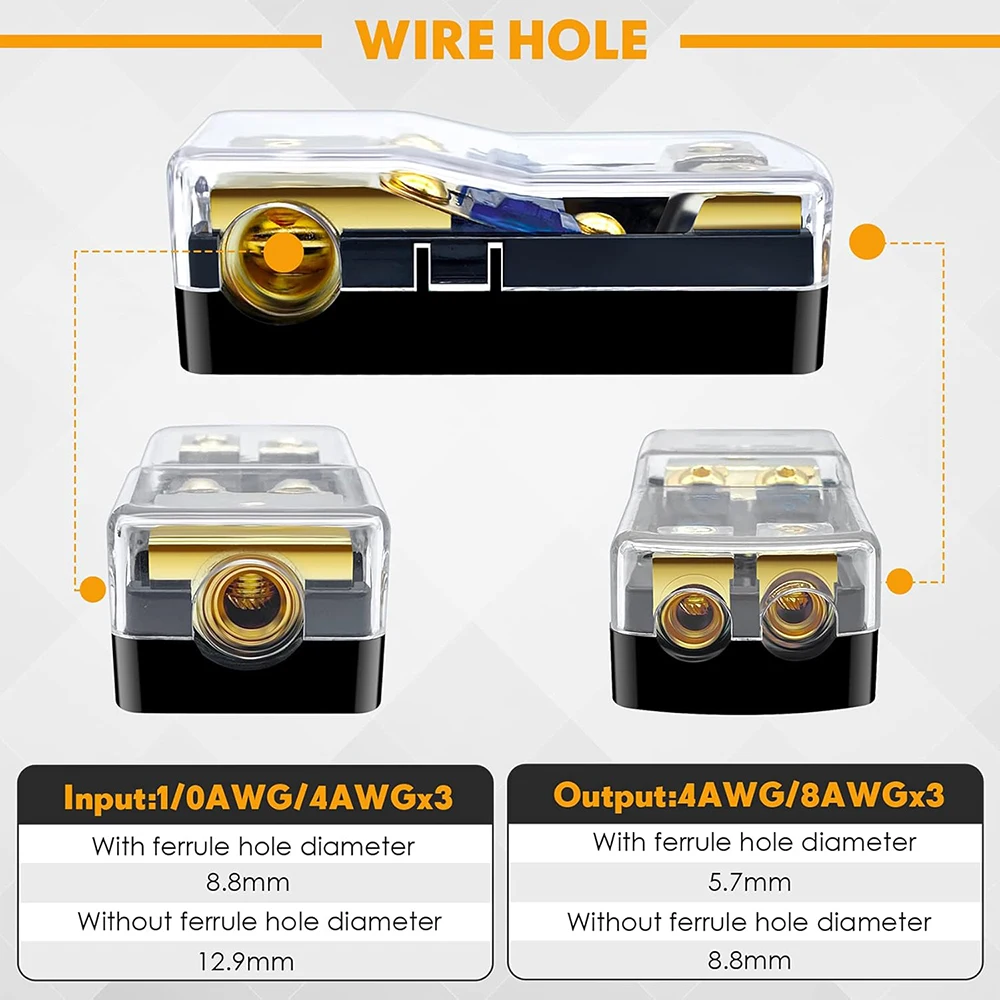2-Wege-Mini-ANL-Sicherungshalter, Kupfer 0/2/4 Gauge auf 4/6/8 Gauge 60 Ampere Sicherungsverteilerblock für Auto-LKW-Audio-Stereo-Verstärker – Detail 5