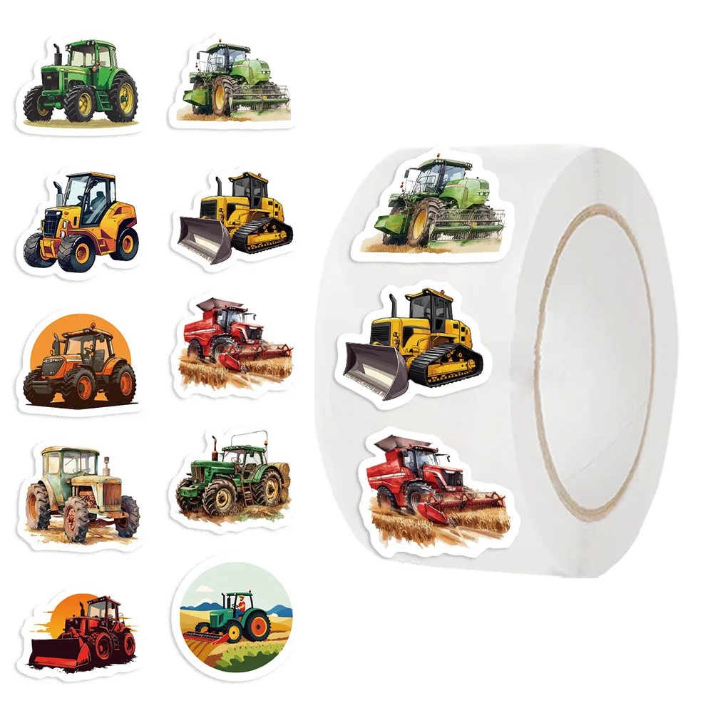 500PCS Fun Tractor Pattern Stickers Roll Cartoon Farm Vehicle Decals Teacher Reward for Scrapbook Luggage Phone Guitar Decor Toy