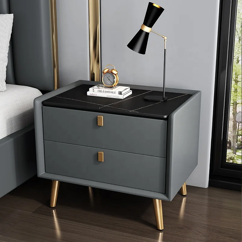 Modern Luxury Wooden Faux Leather Easy to Assemble 2 Drawer Nordic Gold Nightstand for Bedroom