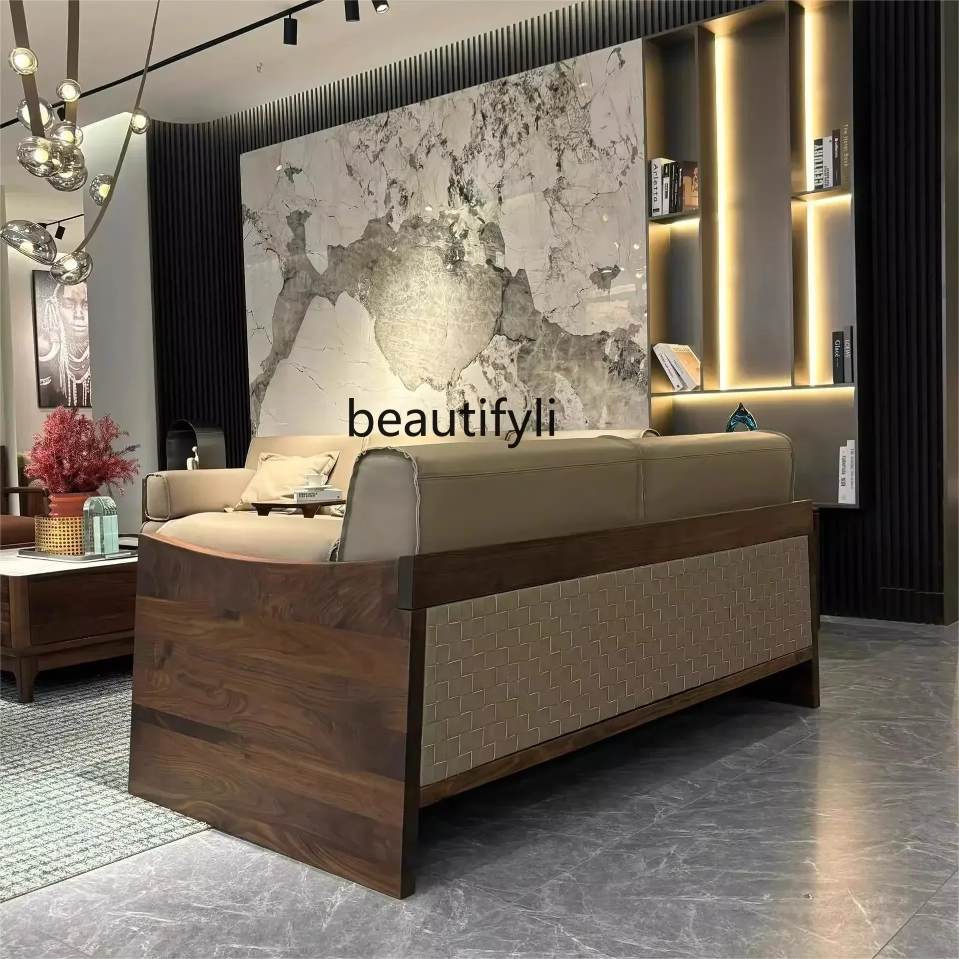 New Chinese-style North American black walnut solid wood living room sofa new leather small apartment furniture