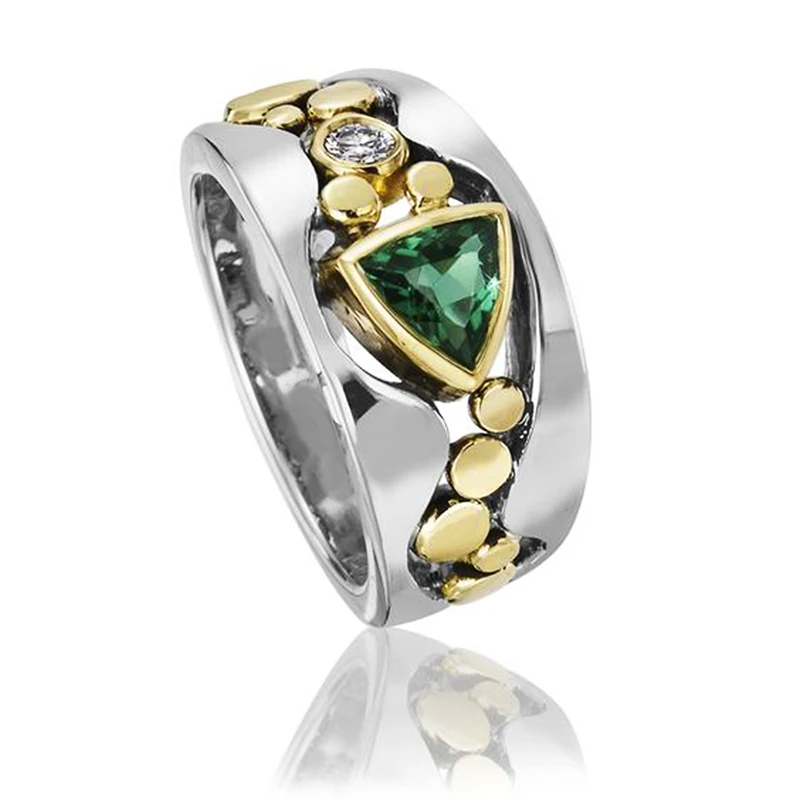 Huitan Two Tone Design Triangular Blue/Green CZ Women Rings for Wedding Engagement Band Accessories Luxury Trendy Female Jewelry