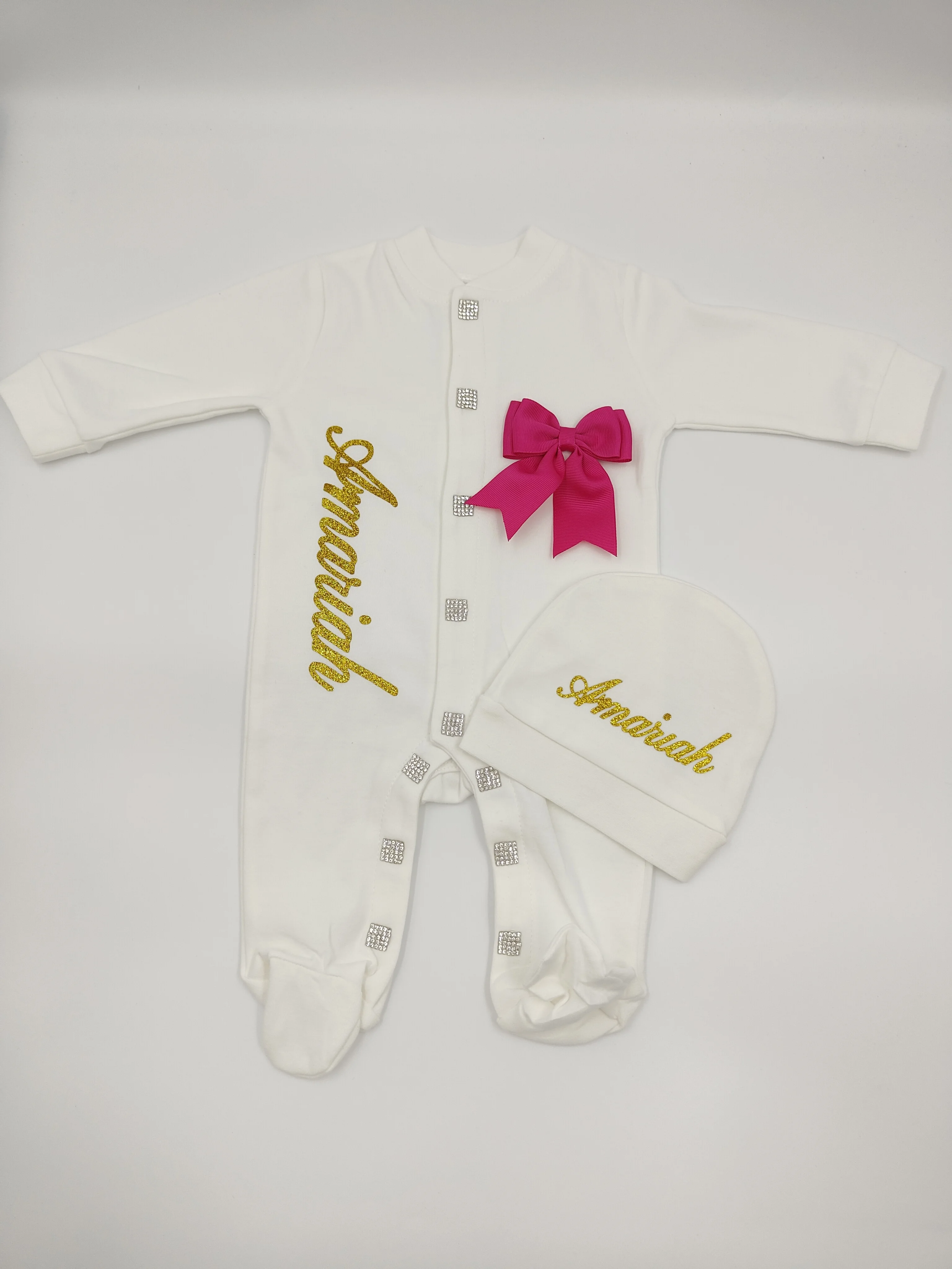 Baby Footed Romper with Hat Personalized Custom Name Gold Glitter Pink Bow Cotton Newborn Coming Home Outfit Sensory 2026 Gift