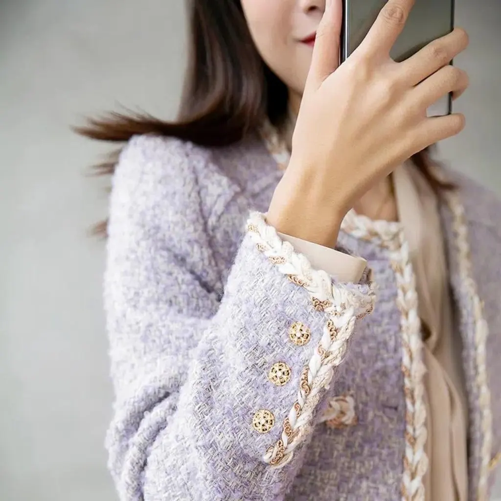 

Little European Style Women's Purple Tweed Cardigan Lavender Clothing Short Jacket Top for Autumn Winter Composite Women