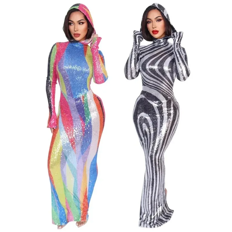 

Women Full Sleeve Hooded Back Split Striped Sequined Bodycon Long Maxi Dress 2025 Sexy Party Birthday Dresses Vestidos 2025 New