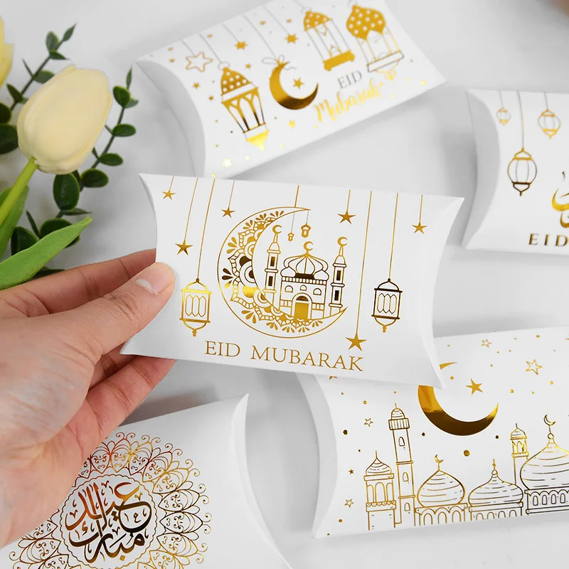 Boîte à bonbons en forme d'oreiller Eid Mubarak, emballage cadeau en papier kraft, décoration du Ramadan Kareem, fournitures de fête musulmane, 2025, 10 pièces, 20 pièces