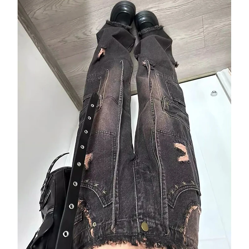 Women American Street Jeans Vintage Casual Loose Lazy Denim Pants Rivets Ripped Lace Up Big Pocket Straight Gothic Y2K Trousers