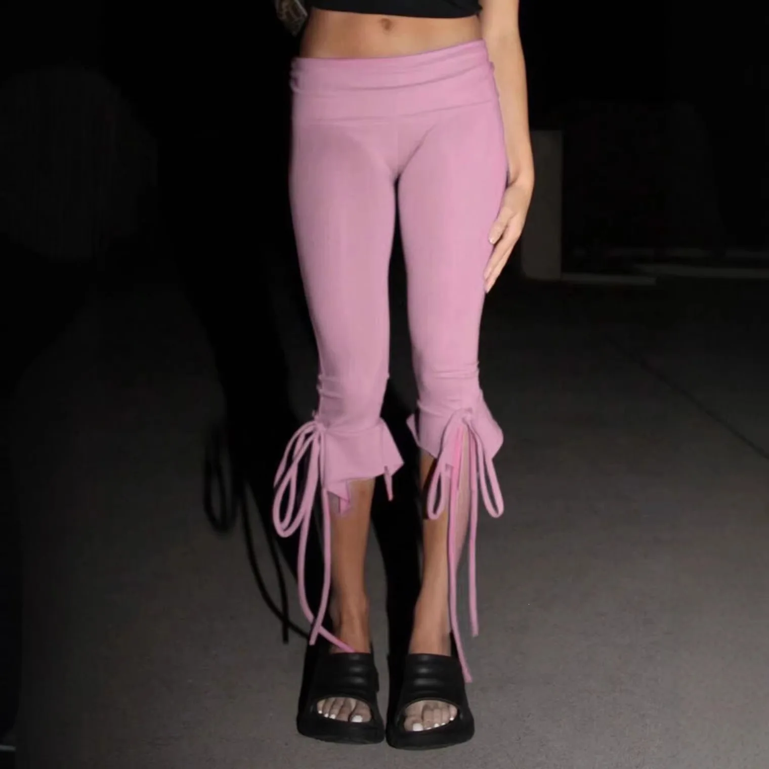 2026 Spring Summer Solid Color Tie Strap Skinny Capri Pants Simple Casual Slim Fit Figure Flattering Women Daily Bottoms