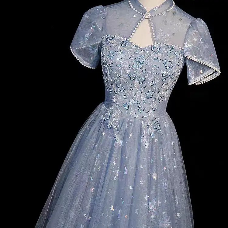 Elegant Blue Stage Performance Dress Wedding Engagement Host Student Art Exam Banquet Evening Gown by De  Fang