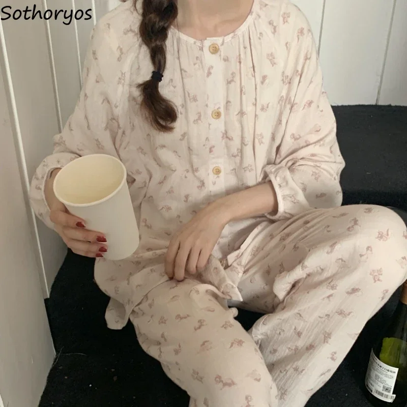 

O-neck Pajama Sets Women Leisure Loose Print Simple Full Length Ladies Loungewear Soft Long Sleeve Comfortable Spring Autumn
