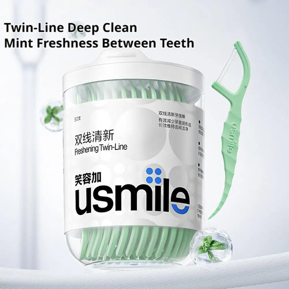 USmile Double Line Floss Picks 50pcs Mint Toothpick Sticks Portable Canister Interdental Cleaner for Home Travel Daily Oral Care