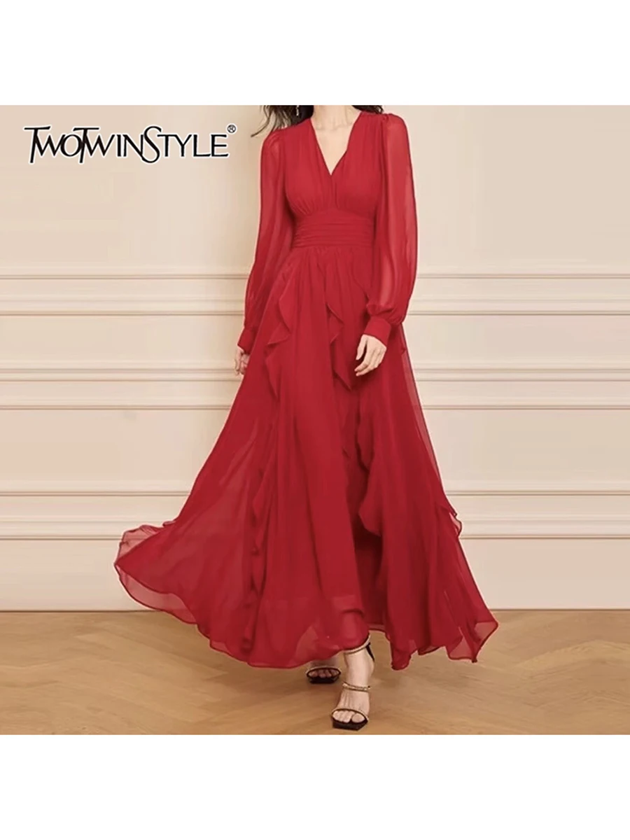 

TWOTWINSTYLE Solid Spliced Ruffles Loose Dresses For Women V Neck Long Sleeve High Waist Temperament Elegant Dress Female New