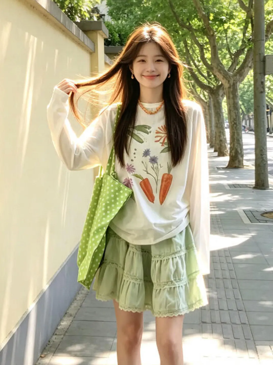 

Dopamine Boosting White Printed Long Sleeve T-Shirt And Cake Skirt Two Piece Set Fashionable Spring Summer Outfit